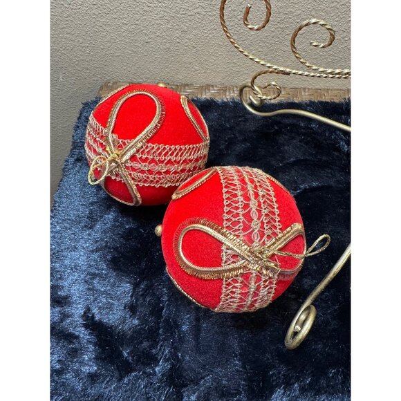 Vintage West Germany Koestel Christmas Ornaments 5 " BALL Red Velvet Gold - Picture 10 of 11